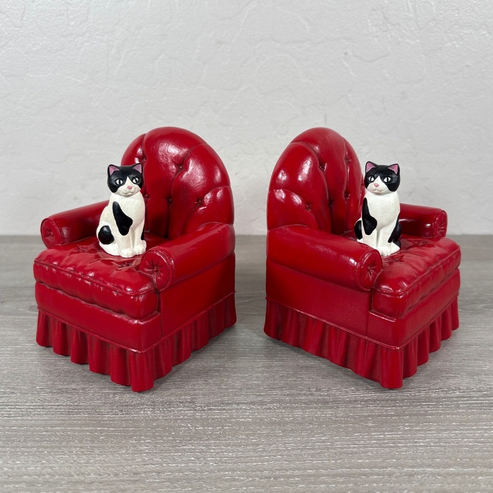 Vintage 1989 Hallmark Cat Armchair Bookends Red Tuxedo Kitty Set Sofa Set